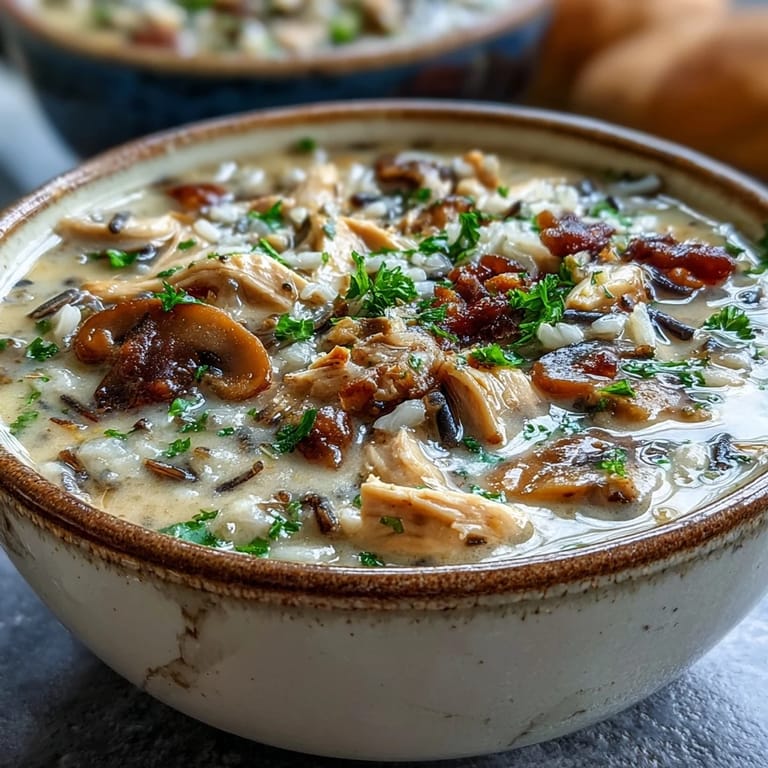 Golden-brown mushrooms and tender chicken in a rich Parmesan Mushroom Chicken and Wild Rice Soup.