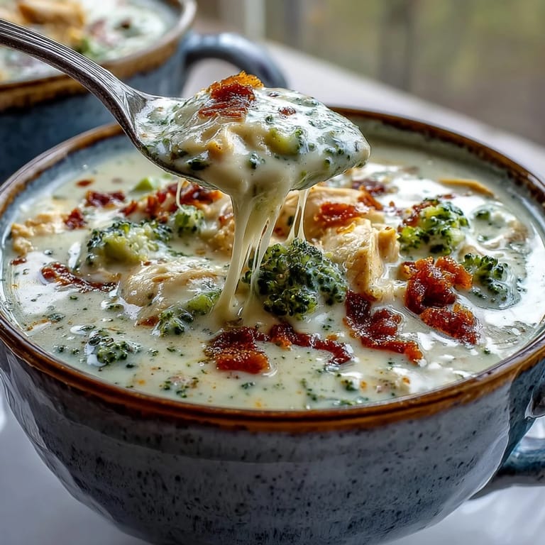 Cremige Beste Chicken Broccoli Cheddar Suppe mit zarter Hühnerbrust und scharfem Käse auf rustikaler Holzplatte.