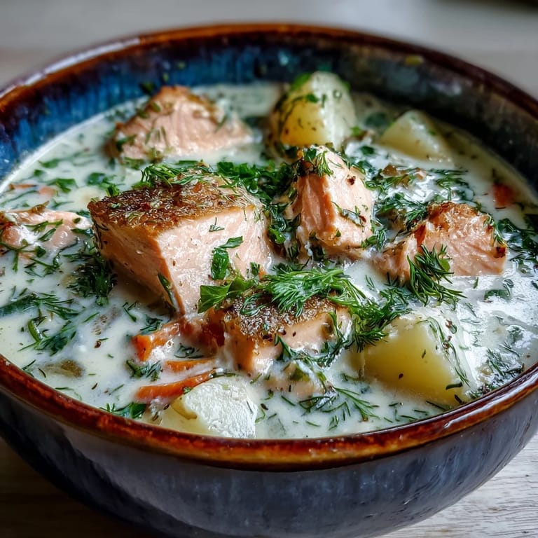 Creamy Finnish Salmon Soup topped with fresh dill in a rustic bowl.