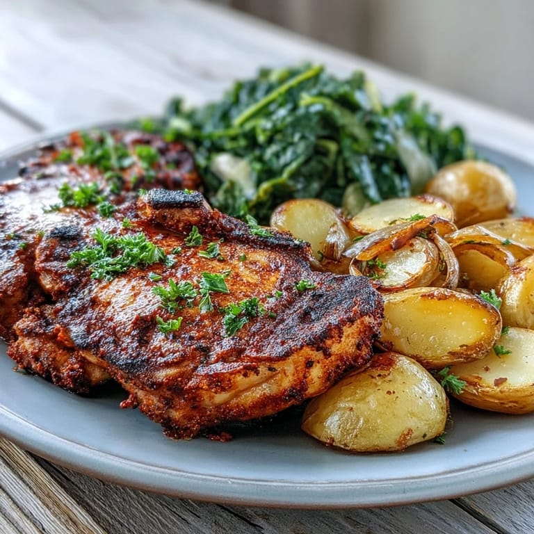 Tender Aleppo Pork Chops With Potatoes and Greens served hot with caramelized potatoes and vibrant, wilted greens.