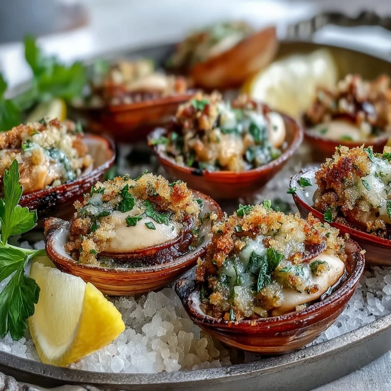 Ein Backblech mit knusprigen Muscheln: geöffnete Austernmuscheln mit zitroniger Panko-Kruste, würzig-parfümiert, ideal als raffinierter Appetizer für Gäste.