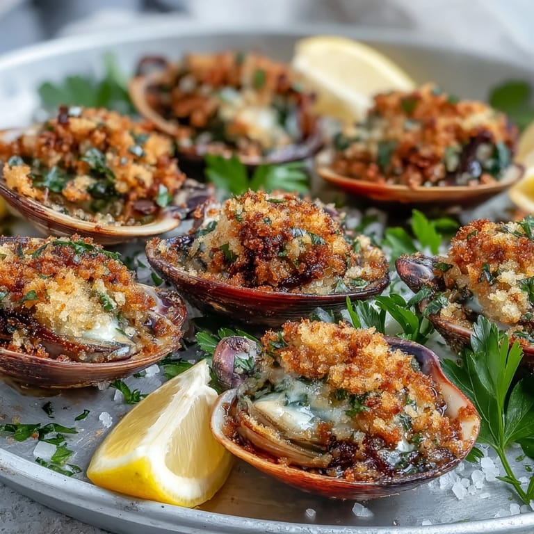 Saftige Muscheln aus dem Ofen: aromatische Roasted Clams With Lemony Panko, belegt mit würziger Semmelbrösel-Petersilien-Mischung, perfekt mit spritzigem Weißwein.