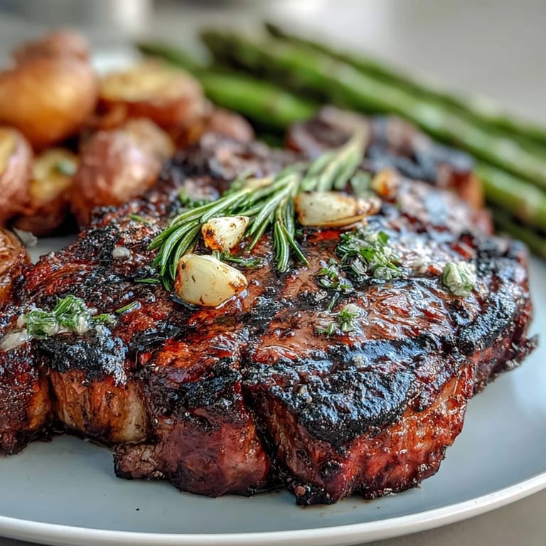Saftiges Grilled Bone-In Rib Eye mit knusprigen Babykartoffeln und gegrillter Spargelstange auf Teller.