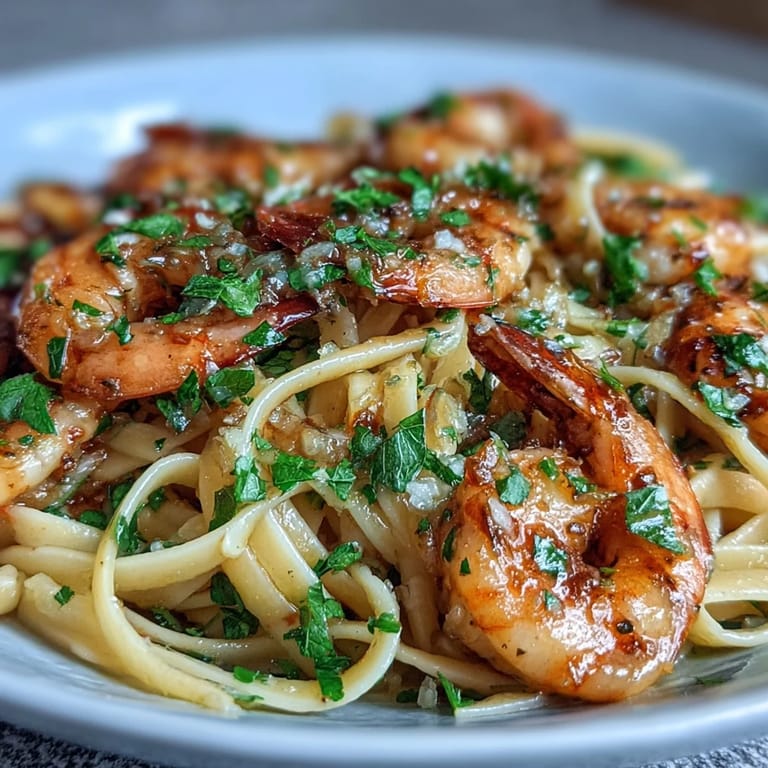 Tender shrimp over al dente linguine in a glossy scampi sauce, served with lemon wedges on the side.