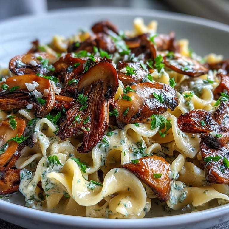 Creamy Mushroom Stroganoff tossed in a skillet, mushrooms in a lush sauce over silky fettuccine noodles.