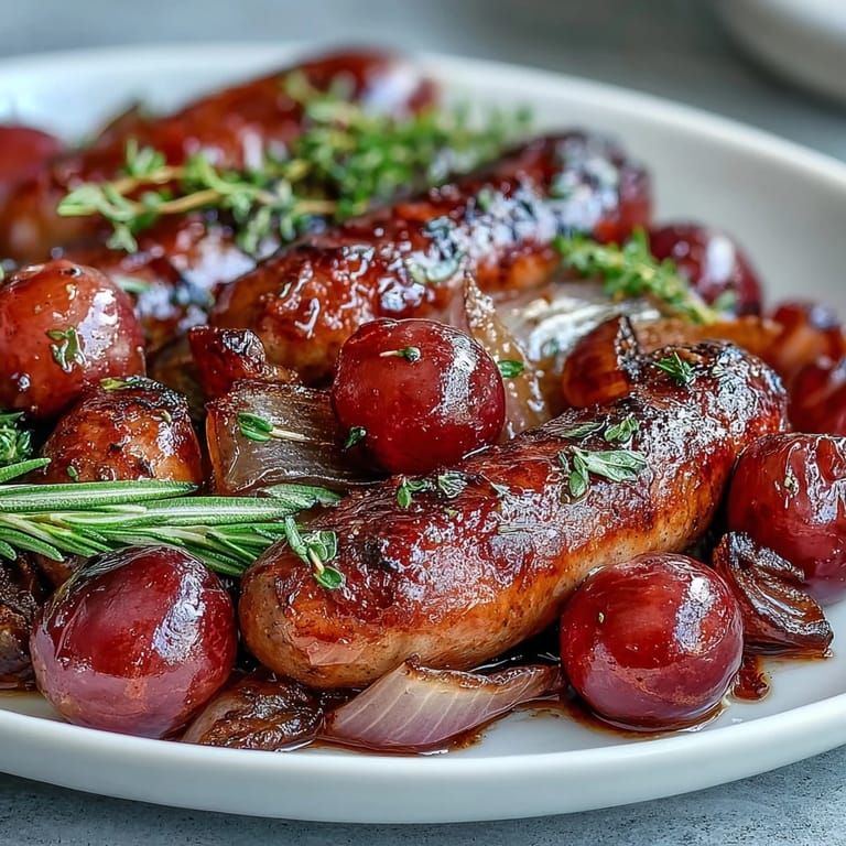Golden roasted sausage and grapes served over creamy polenta with pan juices.