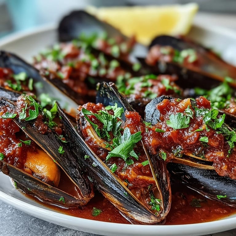 Dampfende Smoky Mussels Pomodoro in rustikaler Pfanne, serviert mit Wein.
