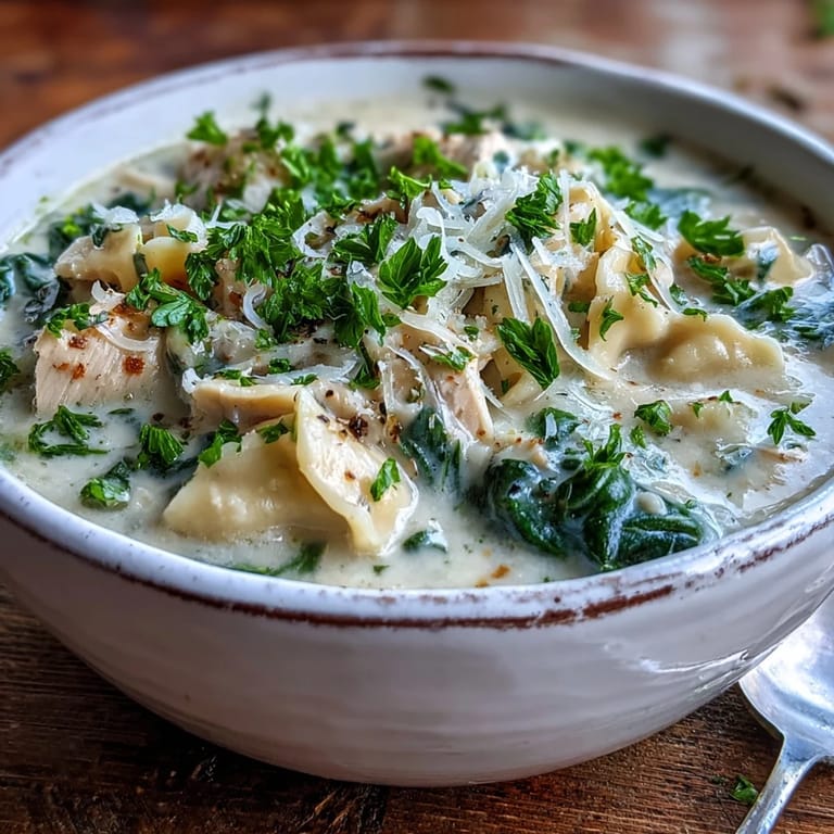 Aromatic Garlic Parmesan Chicken Soup garnished with fresh parsley, served alongside crusty bread.
