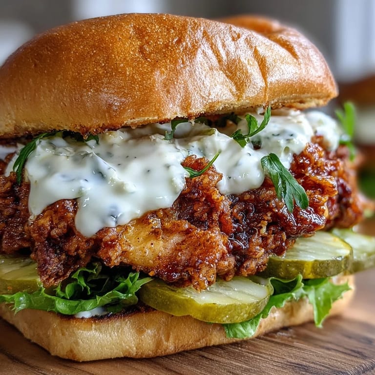Stacked high on a plate, this homemade spicy chicken sandwich features golden crust, fresh toppings, and a generous dollop of sauce.