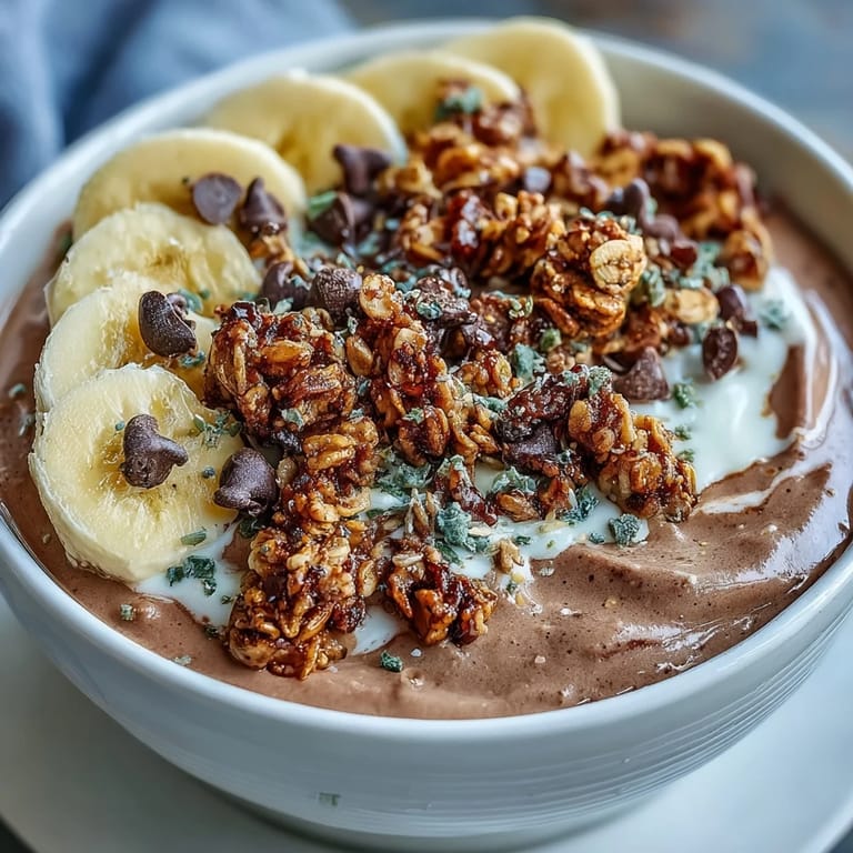Cremige Chunky Monkey Smoothie Bowls mit knackigem Granola und Erdnussbutter-Topping.