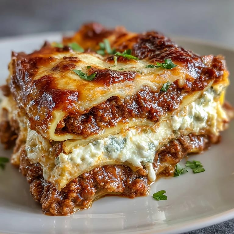 Eine riesige Portion World's Best Lasagna zeigt Schichten Pasta, Tomatensauce und cremigem Ricotta