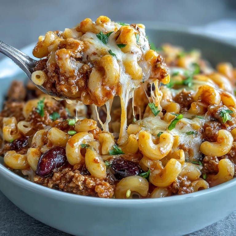 One-Pan High Protein Chili Mac in einer gusseisernen Pfanne mit Bohnen und scharfen Jalapeños.