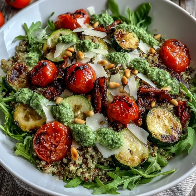 Dieses Arugula Pesto Bowl Rezept zeigt cremige grüne Sauce und goldbraun geröstete Zucchini und Paprika.