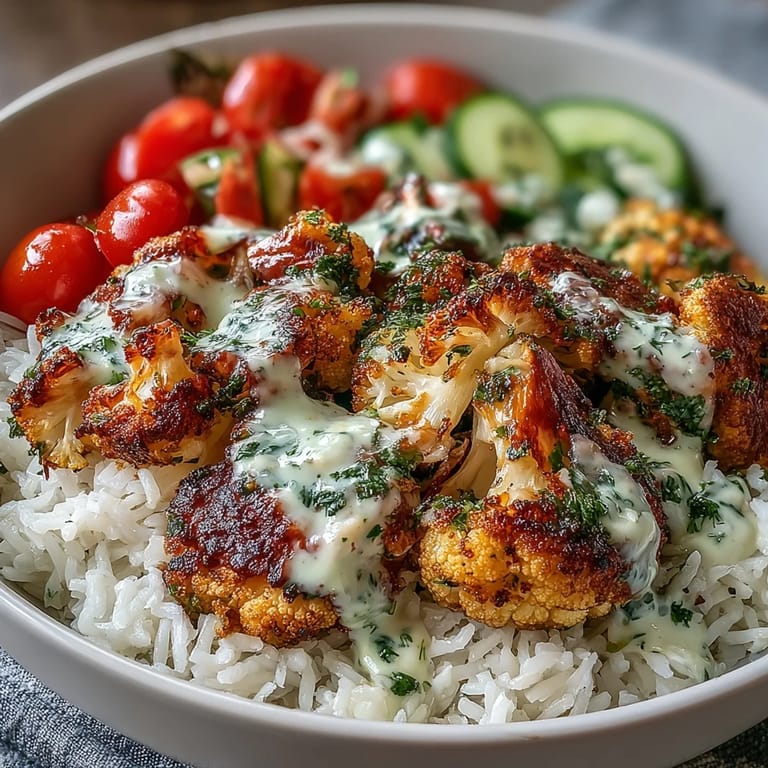 Warme Roasted Cauliflower Bowl mit fluffigem Reis, Tomaten und roten Zwiebeln, plus würziger Tahini-Glasur.