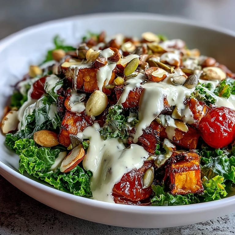 Gesunder Kale Salad Bowl mit massiertem Grünkohl, glasig gebratenem Gemüse und cremigem Sesamdressing, fertig zum Servieren.