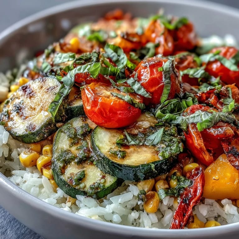 Eine leuchtende Summer Vegetable Bowl auf beigelegtem Reis, perfekt für ein leichtes Sommeressen in USA.