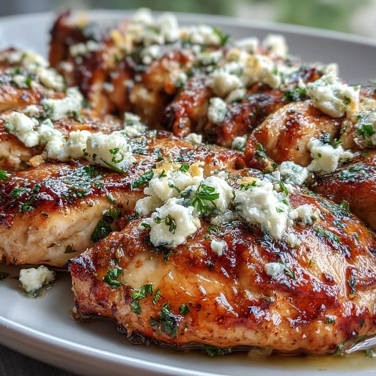 Sizzling Greek Chicken with Lemon and Feta topped with crumbled feta, chopped parsley, and a drizzle of lemon.