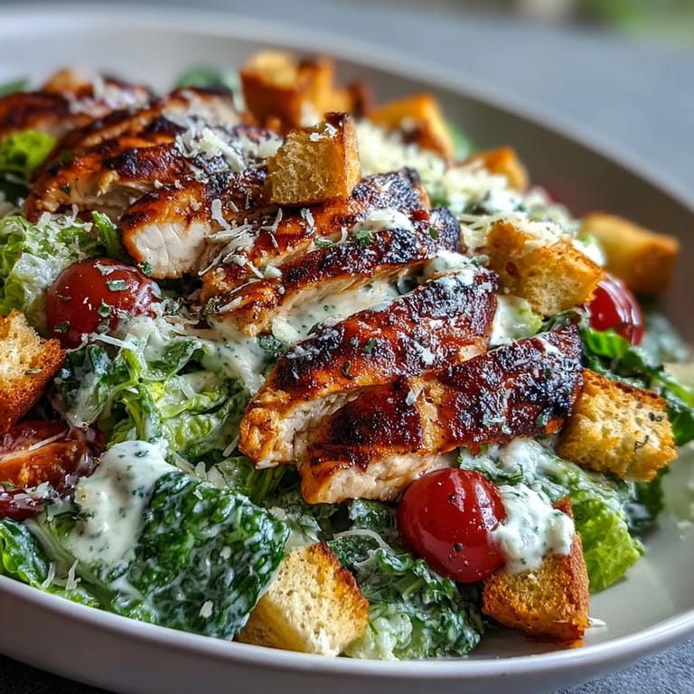 Chilled Romaine Caesar Bowl drizzled with homemade dressing, garnished with herbs and shaved Parmesan, served on a marble counter.