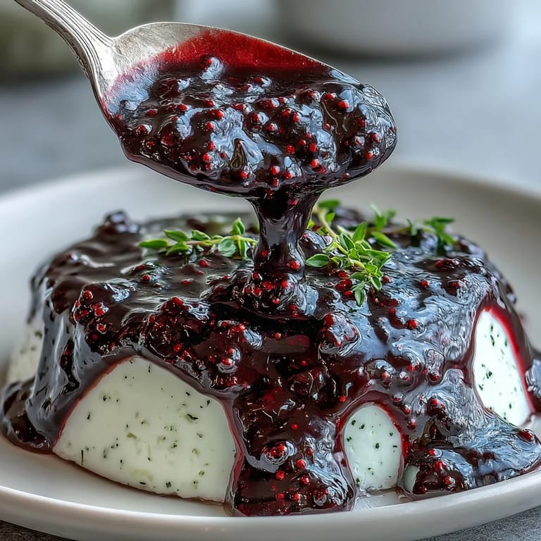 Deep purple black currant sauce in a small jar, ready to swirl onto panna cotta.