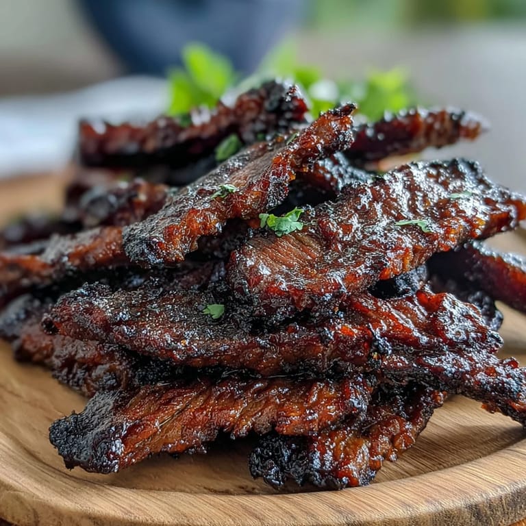 A close-up of Black Currant Smoky Jerky, its rugged, dehydrated texture highlighted by rich, fruity marinade glaze for a high-protein American treat.