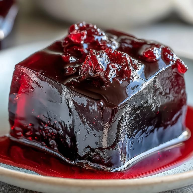 Glasblack-currant-jelly im sterilisierten Glas, als hauchdünner Strahl über Fruchttarte verteilt
