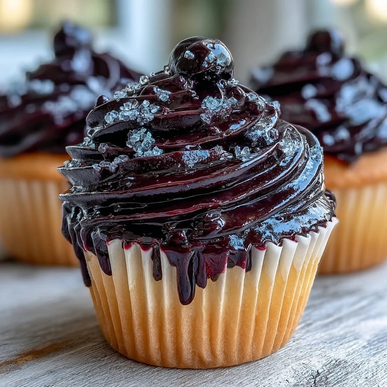 Glossy Black Currant Frosting in a rustic bowl with a spatula, ready for spreading on cooled cakes.