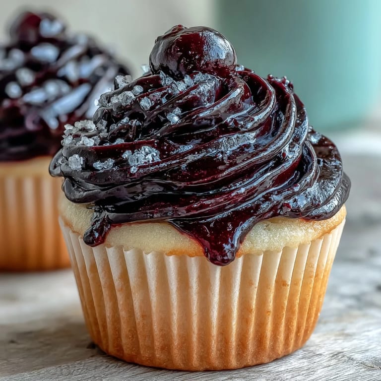 Vibrant purple Black Currant Frosting swirls onto a moist vanilla cupcake, capturing the glossy, tangy-sweet finish.