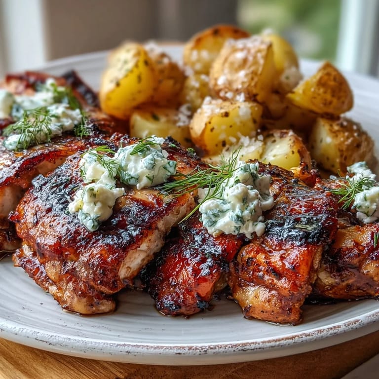 Golden seared Spicy Yogurt Marinated Chicken drizzled with tangy dill feta cream and rustic crispy baby potatoes.
