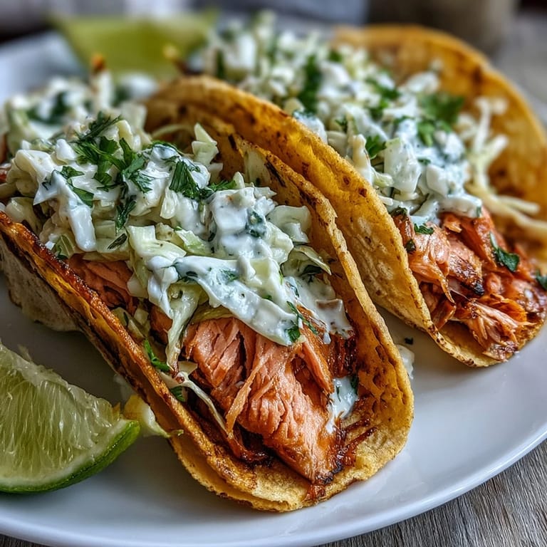 Air Fryer Salmon Tacos With Slaw served with lime wedges and a cold craft beer on a rustic table.