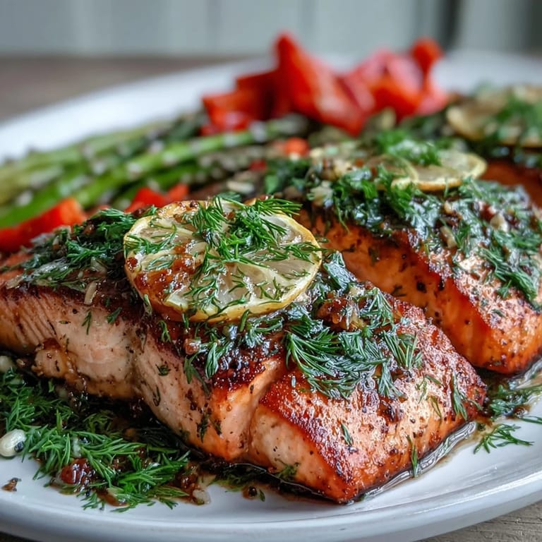 Fork-flaky Marry Me Salmon with a garlic and dill crust, resting next to charred bell peppers and lemon wedges.
