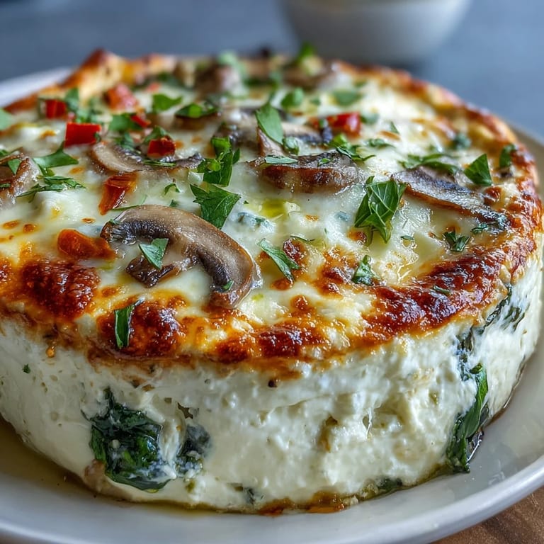 Eine gebackene Cottage Cheese Pizza Bowl mit goldbrauner Käsekruste und Oliven auf einer Porzellanplatte.
