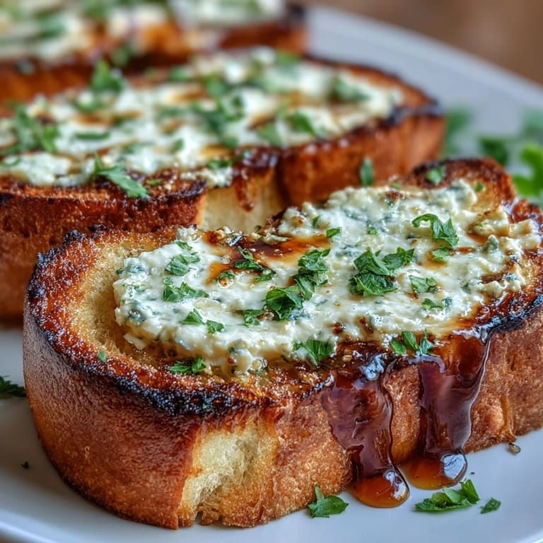 Geröstete Hot Honey Ricotta Garlic Bread-Scheiben mit cremiger Knoblauch-Füllung und Kräutern.