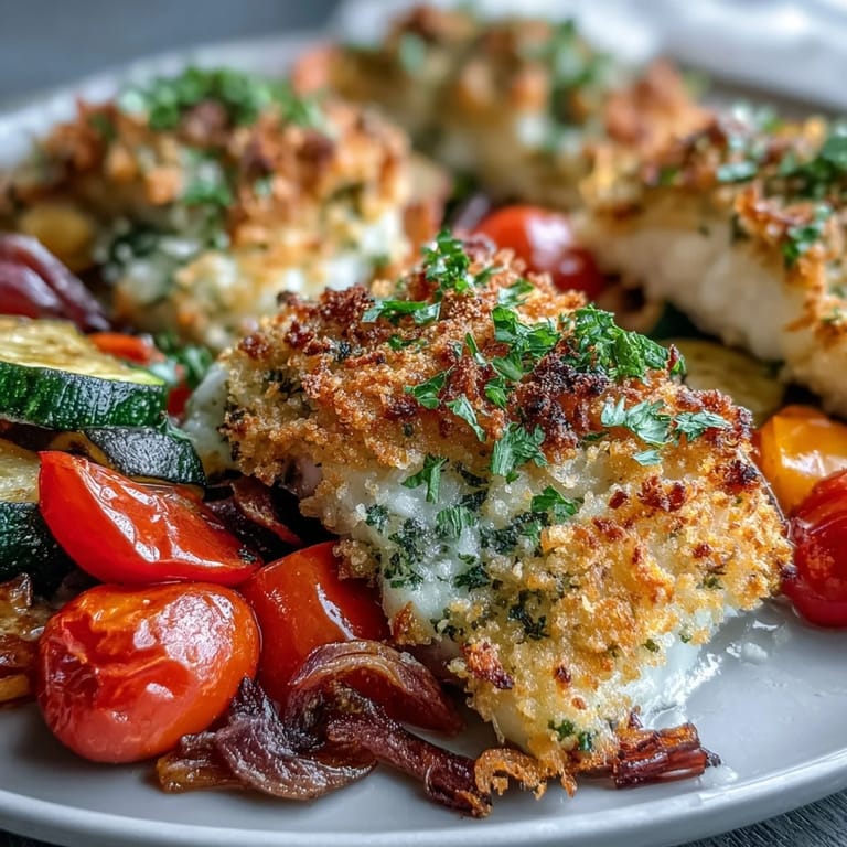 Crispy Parmesan Crusted Sheet Pan Fish & Veg on a baking sheet, cod fillets and colorful roasted vegetables, ready to serve.