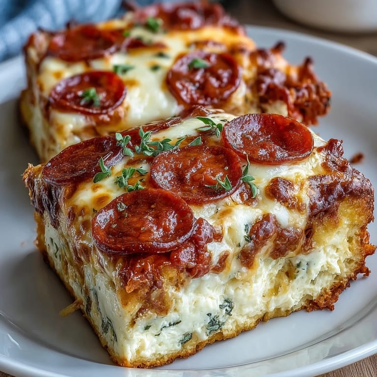 Nahaufnahme einer stückigen Scheibe High-Protein Pizza Breakfast Casserole mit fluffiger Eiermasse und Käsefäden