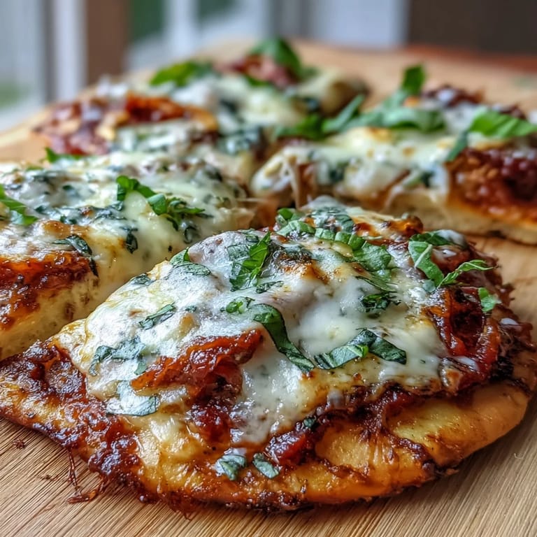 Eine einzelne Garlic Naan Margherita Pizza mit duftendem Knoblauchbutter-Rand und saftigen Basilikumblättern für ein schnelles Abendessen.