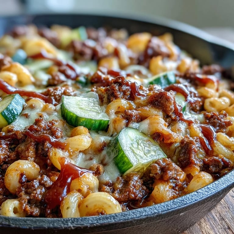 Steaming skillet of One-Pan Cheeseburger Chili Mac topped with melty cheddar and chopped pickles.