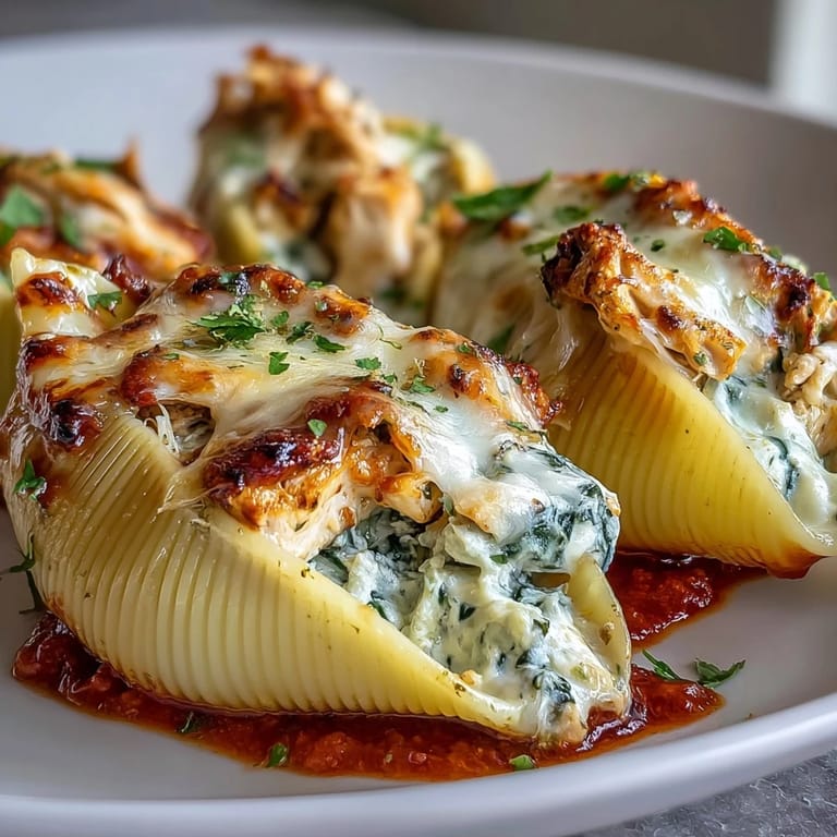 Close-up of Pesto Chicken Stuffed Shells Lite with melted mozzarella and green spinach flecks.  