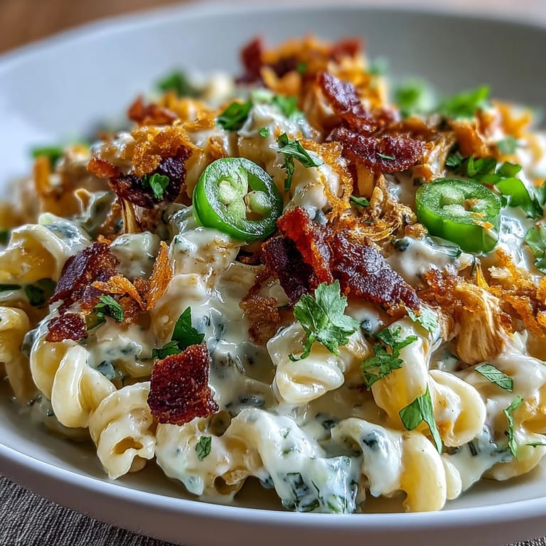 Eine Portion würziger Cremige Jalapeño Popper Chicken Pasta mit Hähnchen und geschmolzenem Käse.