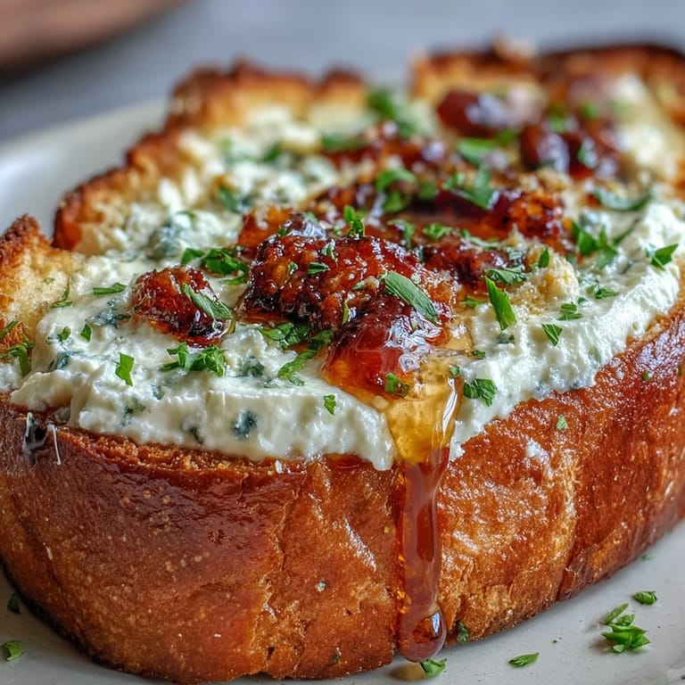 Knuspriges Hot Honey Ricotta Garlic Bread mit frischen Kräutern und geriebenem Parmesan, warm und duftend serviert