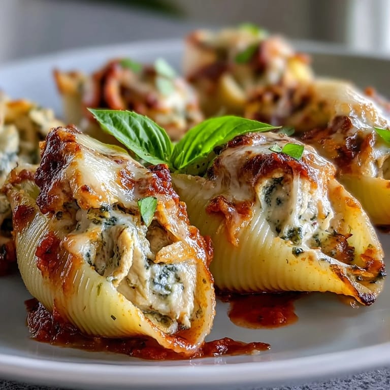 Golden baked Pesto Chicken Stuffed Shells Lite in a dish, ready to serve with a crisp green salad.