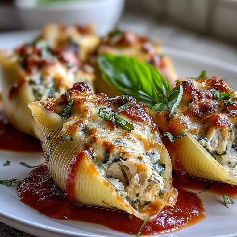 A close-up of Pesto Chicken Stuffed Shells Lite, creamy filling peeking from jumbo shells in rich marinara.