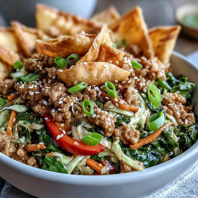 Freshly cooked Ranch Turkey & Veggie Egg Roll Bowl with colorful cabbage, carrots, and bell pepper.  