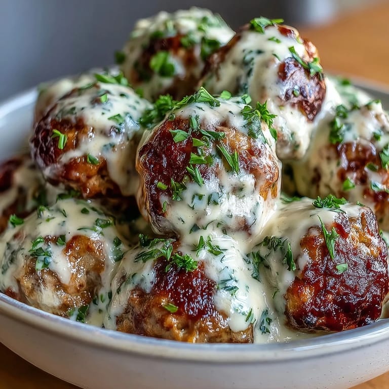 Freshly baked Creamy Garlic Ranch Turkey Meatballs in a rich, creamy garlic ranch sauce, steaming in a rustic skillet.