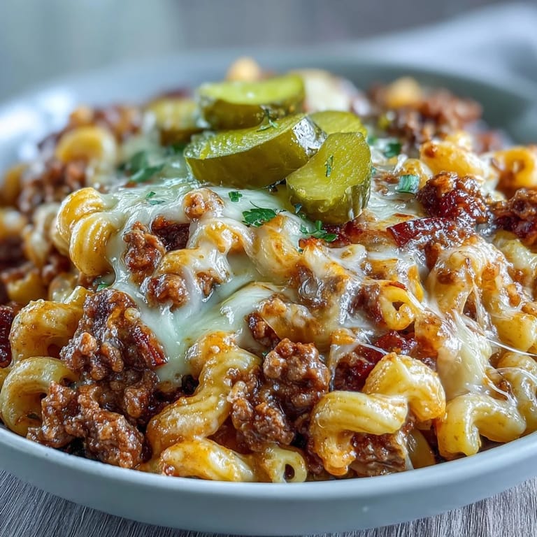 Savory One-Pan Cheeseburger Chili Mac with beef and pasta, ready to serve with pickles.