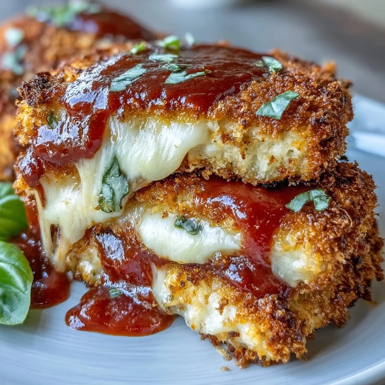 Goldene Crispy Tofu Chicken Parm Bakes mit würziger Marinara und frischem Basilikum garniert.