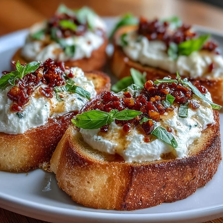 Golden toasted baguette slices for Hot Honey Ricotta Bruschetta drizzled with hot honey and crunchy chili crisp garnish.