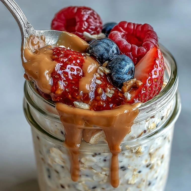 Ein Glas der Clean Eating Berry Overnight Oats mit Almond Butter Swirl, neben Haferflocken und einer Gabel serviert.