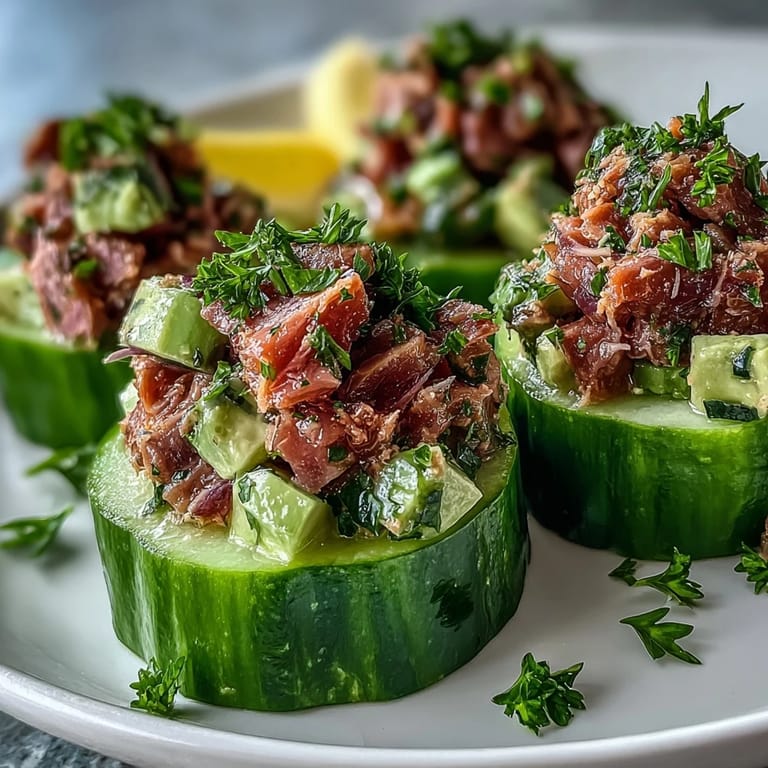 Genussvolle 10-Minute Tuna Avocado Cucumber Boats als gesunde Low-Carb-Mahlzeit für die Mittagspause mit zitroniger Vinaigette.