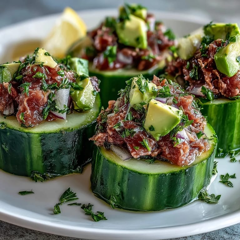 Makellose 10-Minute Tuna Avocado Cucumber Boats in der Küchenzeile, frisch befüllt mit Avocado und Thunfisch für die Meal-Prep-Box.