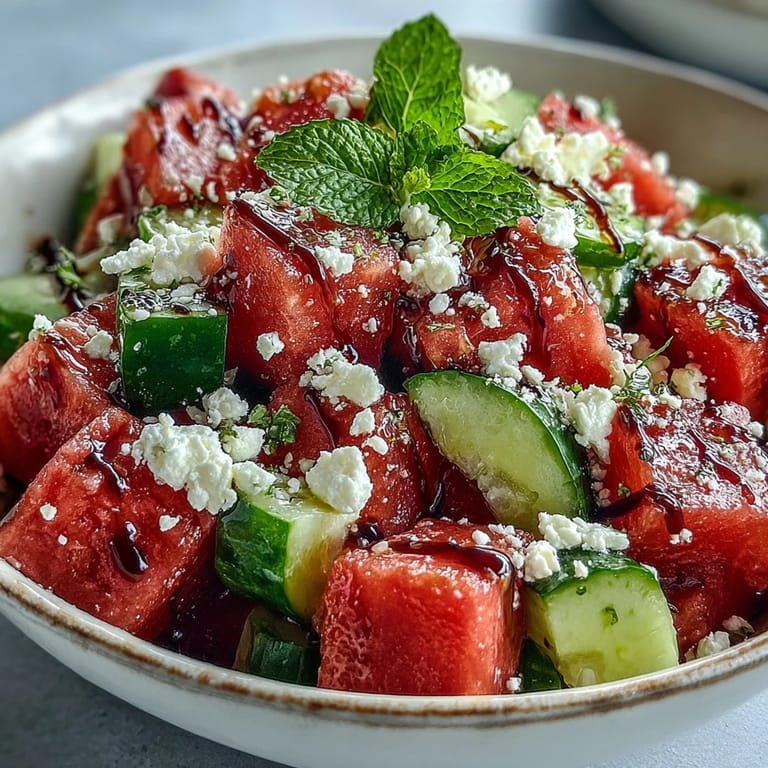 Watermelon Feta Cucumber Salad mit Balsamic Glaze serviert auf einem Holzbrett, saftige Würfel und spritzige Gurkenstücken.